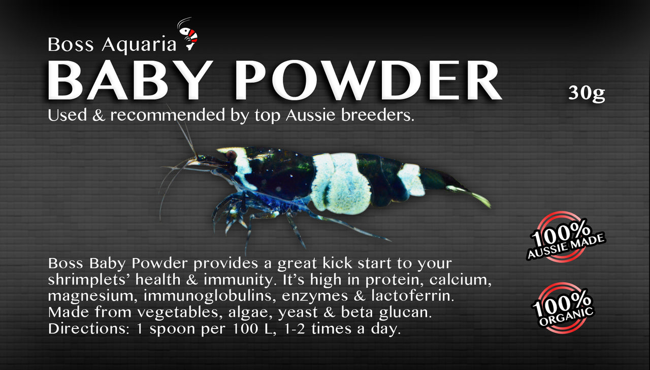 Advertisement for Boss Aquaria Baby Powder with a shrimp illustration on a dark background.